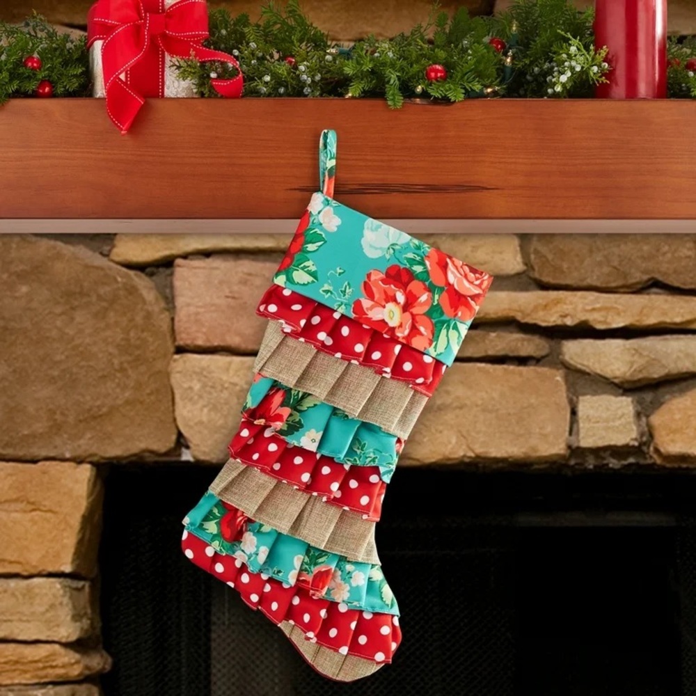 🌺Brand New The Pioneer Woman 20" Woven Ruffle Christmas Stocking, Vintage Floral